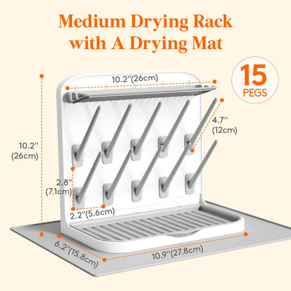 Baby Bottle Drying Rack With Drain Mat & 15 Hooks