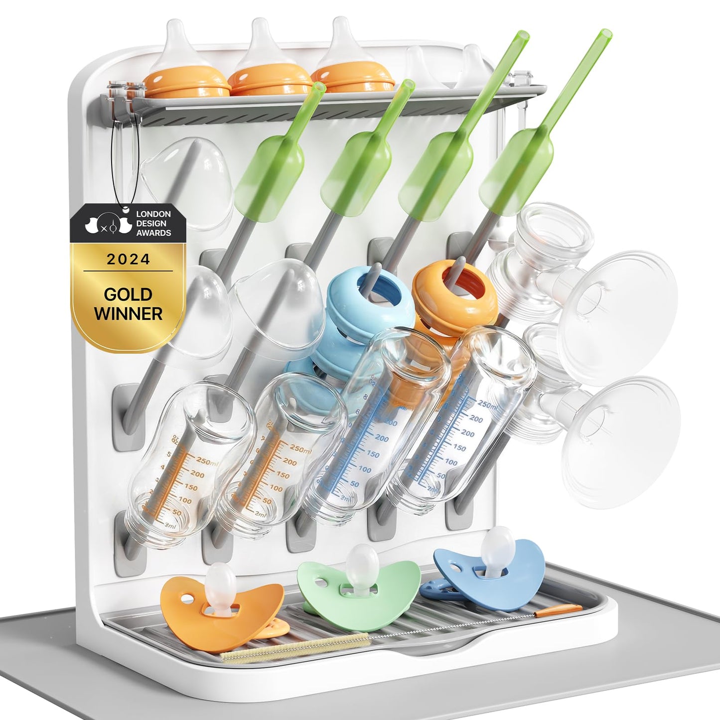 Baby Bottle Drying Rack With Drain Mat & 15 Hooks