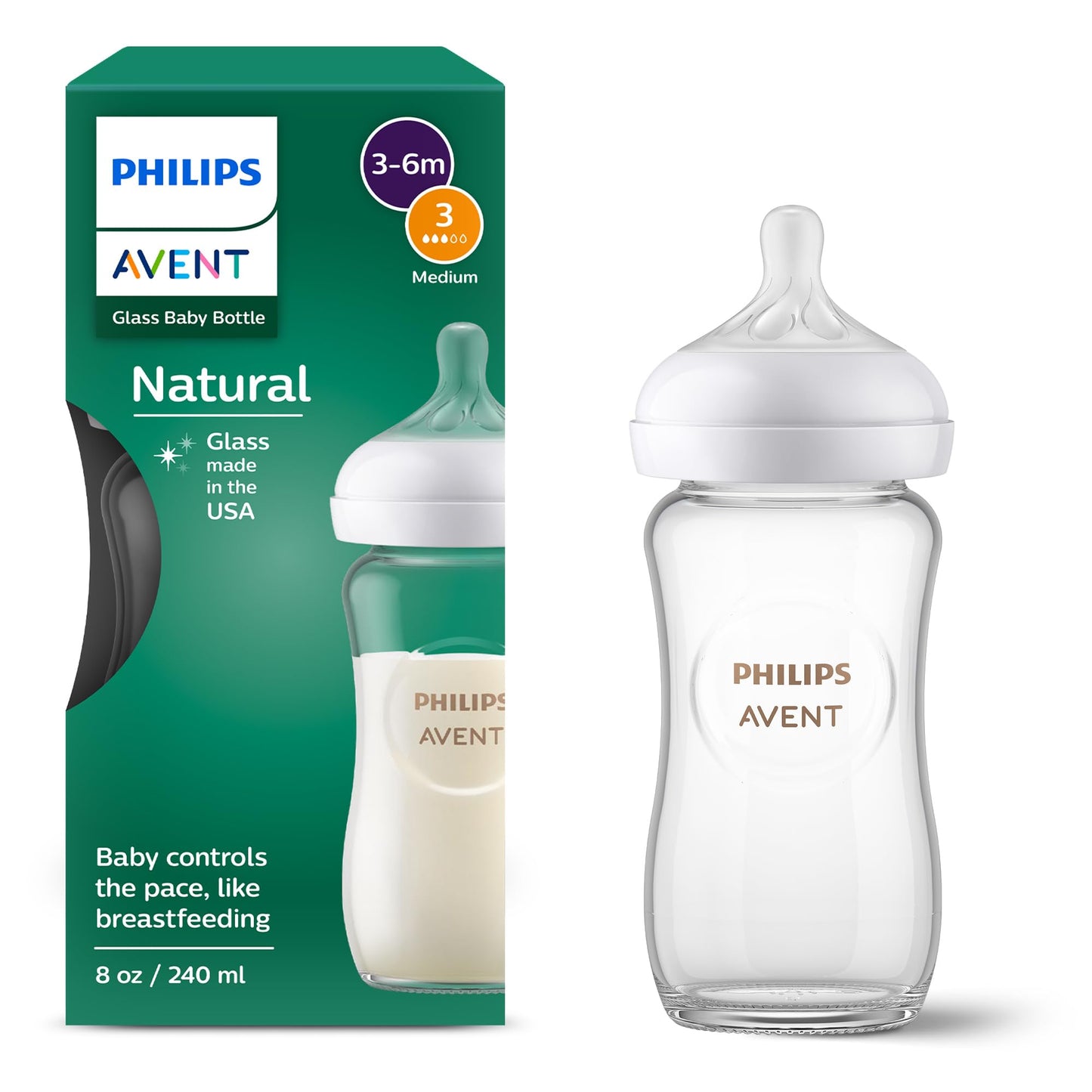 Philips Avent Glass Natural Baby Bottle with Natural Response Nipple.